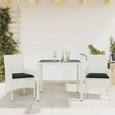 vidaXL Set mobilier de grădină cu perne 3 piese alb poliratan & sticlă
