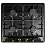 Plita incorporabila Studio Casa Toscana Black PG660, 4 arzatoare gaz, gratare fonta, aprindere electrica, valve de siguranta, negru