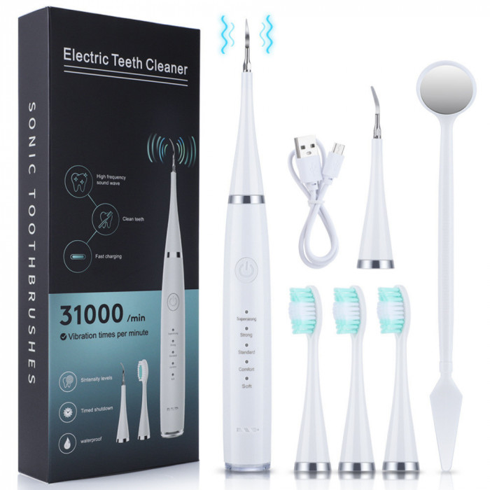 Set Curatare Dentara 2 in 1 WellLuck, Periuta De Dinti Si Aparat Detartraj, 3 Capete De Periuta Si 2 Pentru Detartraj, Incarcare Prin USB, Culoare Alb