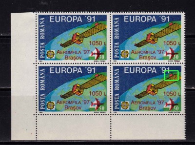 RO 1997 LP1441 &amp;quot;Expo. Fila. &amp;quot;Aeromfila &amp;#039;97&amp;quot; - supra.&amp;quot; ,bloc de 4 EROARE cat.,MNH foto