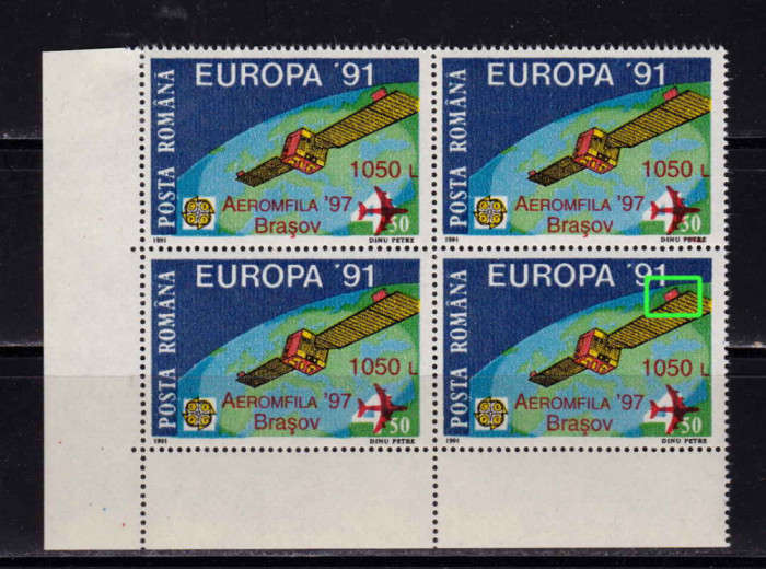 RO 1997 LP1441 &quot;Expo. Fila. &quot;Aeromfila &#039;97&quot; - supra.&quot; ,bloc de 4 EROARE cat.,MNH