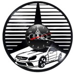 Ceas de perete decorativ realizat din disc de vinil, Model Sigla Mercedes-Benz si Masina Sport AMG, Negru, 30 cm