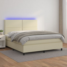 vidaXL Pat cu arcuri, saltea și LED, crem, 160x200 cm, piele ecologică