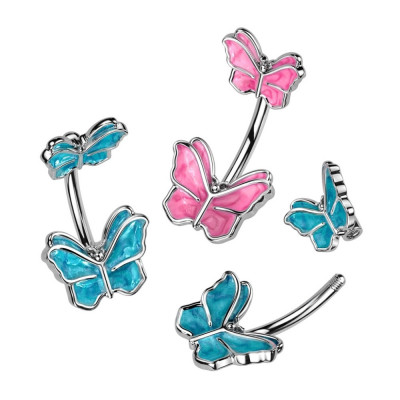 Piercing pentru buric din oțel - fluture de culoare roz sau albastru, placat cu rodiu - Culoare: Albastru foto