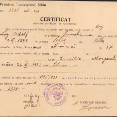 HST A338 Certificat înlocuind certificatul de naționalitate 1933 Sibiu cu timbre