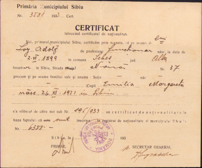 HST A338 Certificat &amp;icirc;nlocuind certificatul de naționalitate 1933 Sibiu cu timbre foto