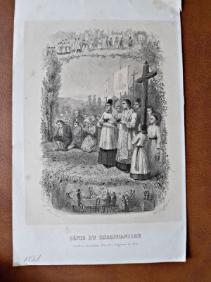 Gravura alb negru, Genie du Christianisme, Les fetes chretiennes Fete Dieu, Regation les Rois,1847 foto