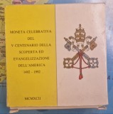 Vatican 500 Lire, Argint, in Folder, 1992 KM#235, John Paul II (America Evangelization)