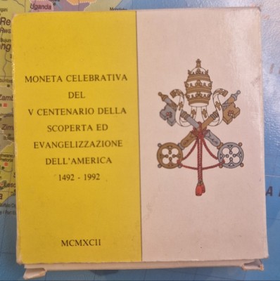 Vatican 500 Lire, Argint, in Folder, 1992 KM#235, John Paul II (America Evangelization) foto