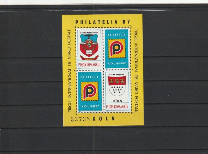 ROMANIA 1987 LP 1188 TARGUL FILATELIC INTERNATIONAL KOLN BLOC MNH NESTAMPILAT