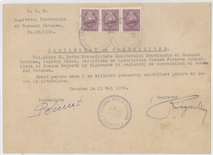 Romania, Comitetul Provizoriu al Comunei, Certificat de conversiune, Tetchea, 1950