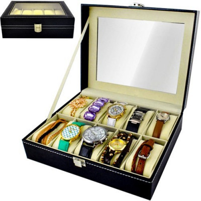 Cutie depozitare ceasuri, 10 compartimente, siguranta inchidere, 20,3x25,7x8cm, negru foto