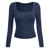 Tricou feminin cu m&acirc;neci lungi, ajustat, g&acirc;t pătrat, top slim &ndash; Albastru &icirc;nchis L/XL