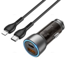 Incarcator Auto Duo Charge Hoco NZ8 + Cablu Lightning, QC 3.0, USB si type-C, Negru
