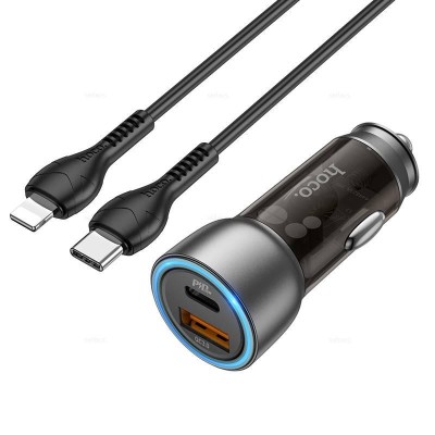 Incarcator Auto Duo Charge Hoco NZ8 + Cablu Lightning, QC 3.0, USB si type-C, Negru foto