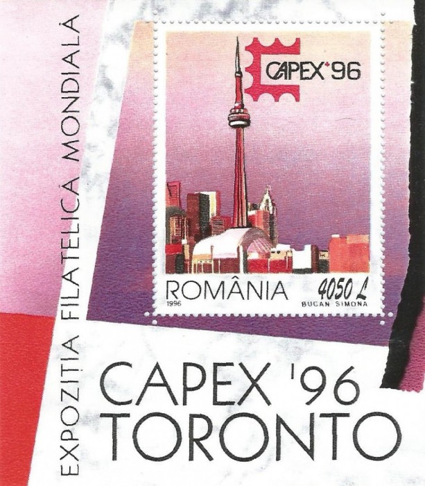 |Romania, LP 1411/1996, Exp. Fil. Int. &quot;CAPEX &#039;96&quot;, Toronto, colita dant., MNH