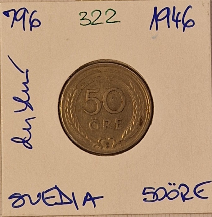 322 Sweden Suedia 50 Ore 1946, KM#796