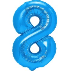 Balon din folie metalizata, flippy, figurina cifra, tema aniversare 80 cm, ambalaj individual, pai inclus, umflare cu aer sau heliu, albastru, cifra 8