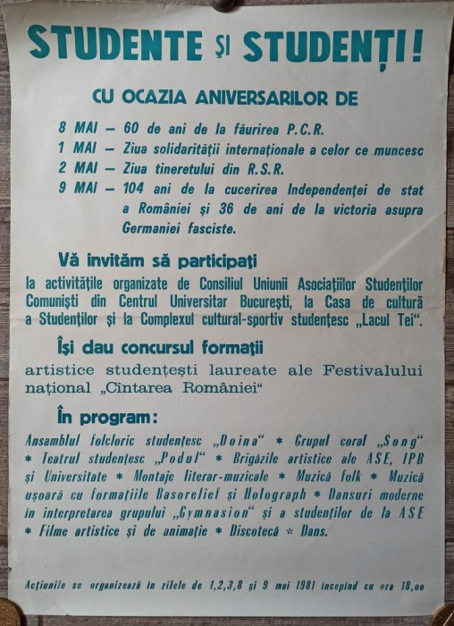 Afis activitati cu ocazia a diverse aniversari politice, perioada comunista