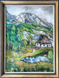 Peisaj de munte cu case - pictură semnată cu iniţiale