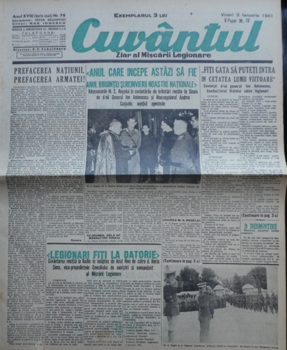 Cuvantul , ziar al miscarii legionare , 3 Ian. 1941 ,nr. 79 , Regele , Antonescu