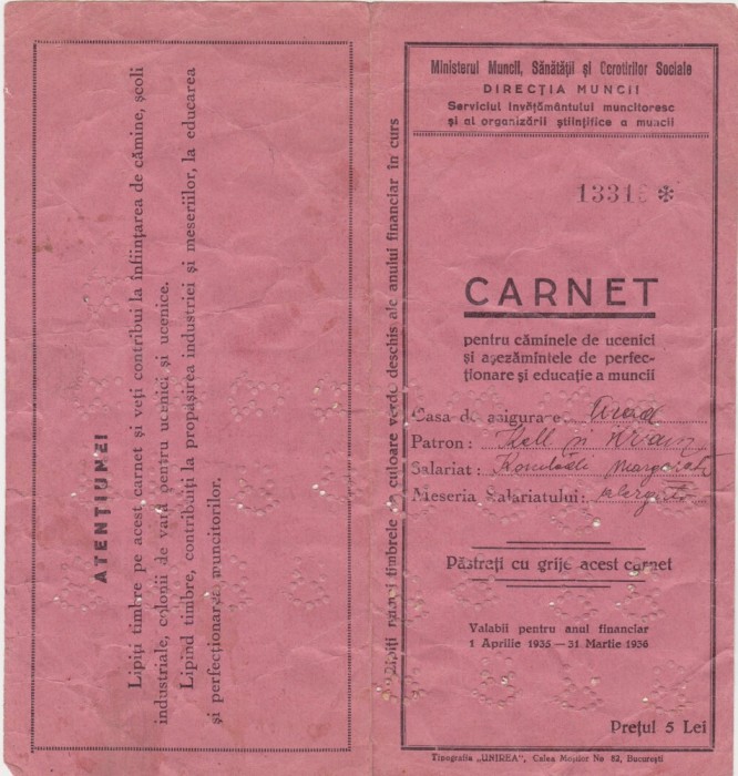 Carnet pentru caminele de ucenici Ministerul Muncii, Sanatatii si Ocrotirilor sociale 1935