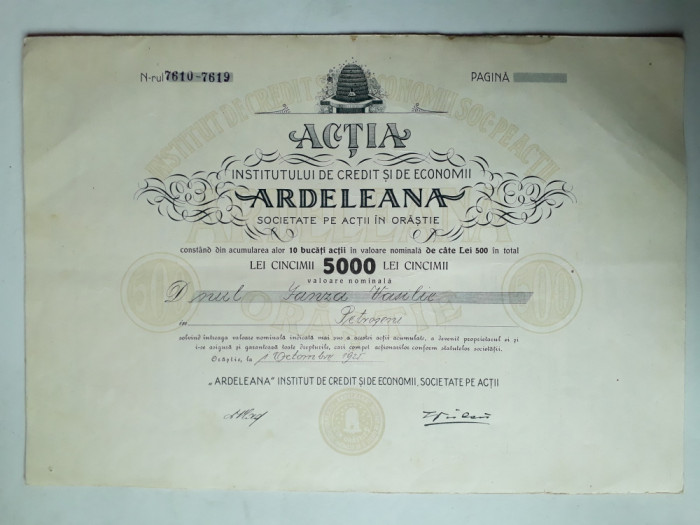 5000 Lei 1925 Ardeleana Orastie actiuni vechi Romania 7619