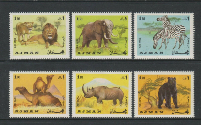 123-AJMAN 1966-Serie de 6 timbre ANIMALE-lei elefanti-zebre,camila,rinocer,urs