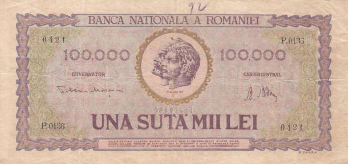 Bancnote Rom&acirc;nia - 100000 lei 1947 - seria P.0136 03390421 (starea care se vede)