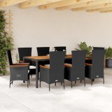 VidaXL Set mobilier de grădină cu perne, 9 piese, negru, poliratan