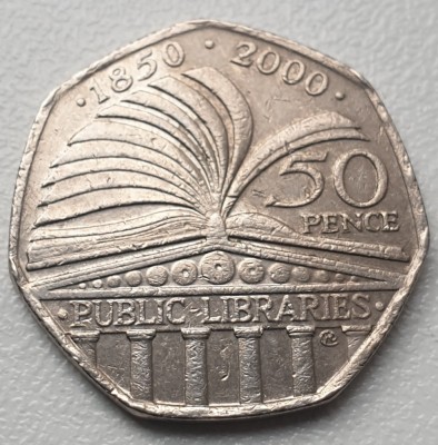 Moneda 50 pence 2000 Marea Britanie, Public Libraries foto