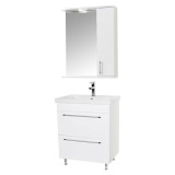 Baza si lavoar ceramic GN0541 cu oglinda dulap GN0201, mobilier baie stativ 60 cm, front MDF, 2 sertare, picioare cromate reglabile, LED, alb