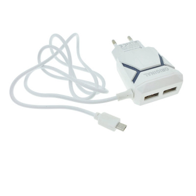 Incarcator la priza Euro, 2 porturi USB, DC 5V 3.1A, si cablu 85 cm cu conector microUSB, alb cu negru foto