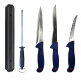 Cumpara ieftin Set profesional de macelarie, transat, injunghiat, dezosat, filetat, suport magnetic, masat pentru ascutit, 3 cutite otel carbon