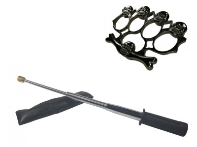 Set baston telescopic flexibil argintiu, maner cauciuc, 47 cm si box,rozeta craniu negru foto