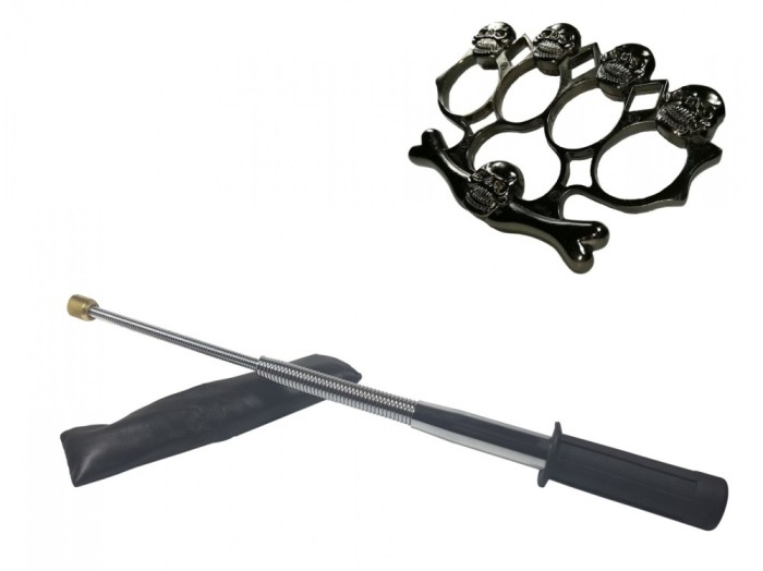 Set baston telescopic flexibil argintiu, maner cauciuc, 47 cm si box,rozeta craniu negru
