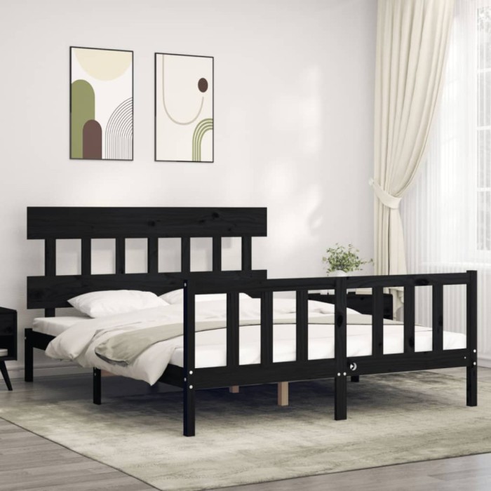 Cadru de pat cu tăblie, negru, king size, lemn masiv