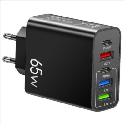 Incarcator telefon 65W fast charger cu 5 porturi, 220V - 3 X USB, 2 X Type C, PD, QC 3.0, negru foto