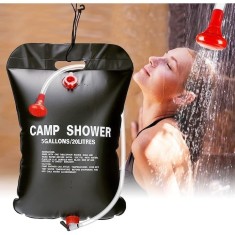 Dus camping, capacitate 20L, din PVC ecologic, cu furtun, robinet, pliabil, usor de depozitat, cu agatatoare, negru
