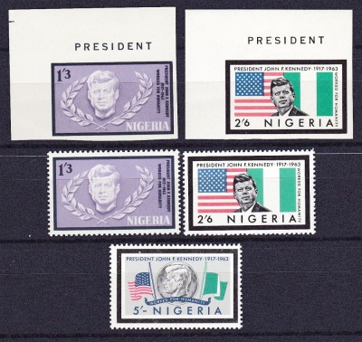 DB1 Nigeria 1964 J. F. Kennedy Comemorative 3 v. + 2 v. NDT MNH foto