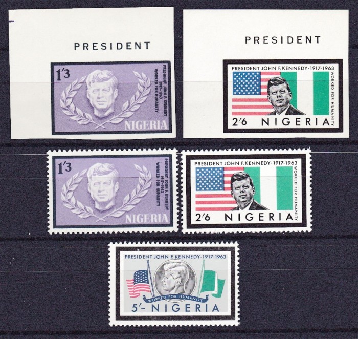 DB1 Nigeria 1964 J. F. Kennedy Comemorative 3 v. + 2 v. NDT MNH