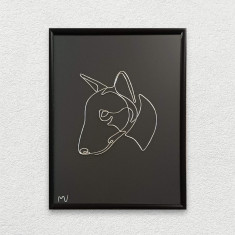 Tablou caine Bull Terrier, sculptura din fir continuu de sarma placata cu argint,19×25 cm