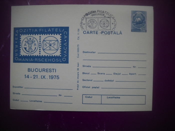 HOPCT 70360-IP-EXPO FILATELICA ROMANIA-CEHOSLOVACIA BUCURESTI 1975-NECIRCULATA