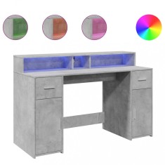 Birou cu lumini LED, gri beton, 140x55x91 cm, lemn prelucrat foto