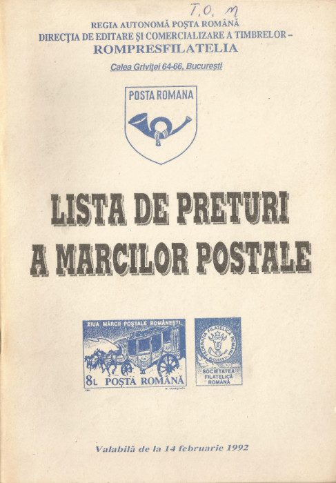 *Rom&acirc;nia, Lista de preţuri a mărcilor poştale, 1992