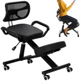Scaun ergonomic pentru genunchi cu spătar, negru, pentru birou, salon de &icirc;nfrumusețare și SPA