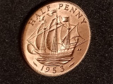 Half 1/2 penny UK 1953, stare exceptionala (like Proof), UNC + luciu [MS67+], Europa
