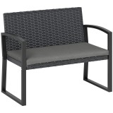 Outsunny Banc de grădină 2 locuri, banc de exterior din resină &icirc;mpletită PE cu pernă, oțel galvanizat, 103x58x78cm, gri și negru | Aosom Romania