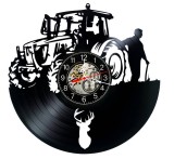 Ceas de perete decorativ realizat din disc de vinil, Model Tractor Fermier Agricultura Cerb, Negru, 30 cm
