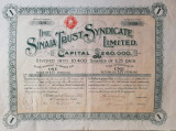 Actiune Sinaia Trust Syndicate Limited, emisa 1 apr. 1915, stare foate buna